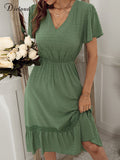 Dress Women Summer 2022 Elegant Solid Dot V Neck Chiffon Long Midi Sukienka Party Beach Holiday Casual Vestido New