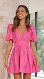 Fongt Summer New Sweet Deep V Waist Show Thin Pleated Bubble Sleeve Dress 23034-Outfit