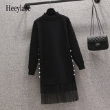 Size Women Basic Knitting Sweater Dresses Autumn Winter Long Sleeve Mesh Patchwork Beading Dresses Warm Dresses 4XL