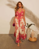 Fongt New Spring Summer Shoulder V-Neck Women's Slings Print Fairy Long Temperament Dress Dress Dress Dress