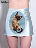 Dark Aesthetic Cute Harajuku Low Waist Skirts Pastel Gothic Satin Y2k Sexy Women Mini Skirt Cat Print Kwaii Slim