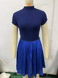 Fongt Parquet Small Turtleneck Dress Short Sleeve Pleated Knit Elegant Pure Color Slim Mini Dress Woman-Outfit