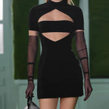 Black Front Hollow Out Mini Dress-Outfit
