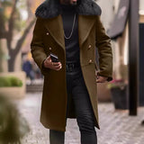 Fongt Men's Casual Large Wool Collar This Coat Solid Color Double Buckle Men's Coat To Keep Warm