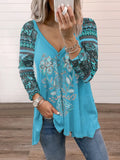 Collar Cotton Blend Pullover Print Long Sleeve Loose T-shirt