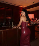 Burgundy Strapless PU Leather Maxi Dress-Outfit