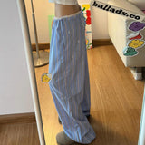 Fongt Wind Dopamine Contracted Stripe Casual Pants Female Low Waist Lace Splicing Straight Tube-Outfit