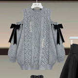 Winter Two Piece Sets Womens Outfit For Women Off The Shoulder Bow Diamond Knitted Sweater And Pleated Skirts Sets 4XL