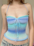 Fongt Fresh Girl Dopamine Gradient Color Woven Sling Design Hollow Low Tie Collar Sexy Vest Top