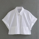 Summer Style Loose Short Pocket Decorated Poplin Shirt-Outfit