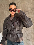 Fongt 2025 Explosion Long-Sleeved Collar With Short Locomotive Jacket Leather Coat Woman