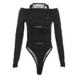 Fongt 2024 New Women's Fashion Sexy Mesh Stitching Long Sleeve Hollow Out Slim Crop Jumpsuit-Outfit