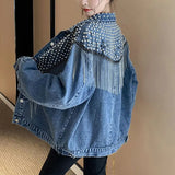 Clothing Stylish Tassel Beading Jackets Spring Autumn Korean Long Sleeve Lapel Casual Loose Single-breasted Denim Coats-Outfit