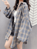 Checkered Baggy Long Sleeve Button Blouse-Outfit