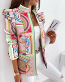 Fongt Explosion Autumn And Winter Lotus Leaf Side Long Sleeve Zipper Print Suit Small Coat
