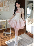Sleeve Kawaii Lolita Mini Dress Women Pink Bow Princess Sweet Party Cute Dress A-Line Elegant Fairy Dress 2023 Spring