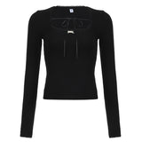 Hundred Spice Girls Slim Waist Knitted Bottom Shirt 2024 Square Collar Hit-Color Bow Tie Blouse-Outfit