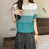 Fongt Gradient Striped T-Shirt Women's Summer New Oceanic Ice Silk Sleeve