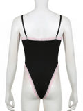 Lace Frill Bodysuit Y2K Black Spaghetti Straps Body Tops for Women Sexy Club Rave Party Body Suit Aesthetic Coquette-Outfit