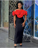 Red Fashion Big Flower Body Sleeveless Tight Casual Long Banded Dress Evening Dress Women's
