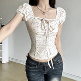 Aesthetic Puff Short Sleeve Floral Tee-Outfit