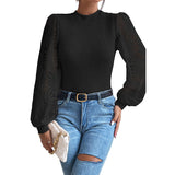 Fongt Round Collar Hollow Coated Women Autumn Fashion Pineapple Lace Splicing Sleeve Jersey Women