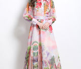 Fongt Senior Sense Printing Set Of Lantern Cuffed Shirt High Waist Swing Skirt Two Sets