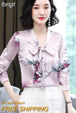 Silk Blouses Women Satin Print Blouse Women Long Sleeve Shirts Woman V-neck Silk Blouses Ladies Floral Blouse for