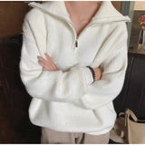 Women Rib Knitting Open Zipper Lapel Sweater 2021 Autumn Vintage Pullover Knitwear Long Sleeve Retro Ladies Knit Jumper