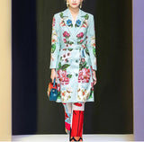 Designer Summer Floral print Vintage Coat Outwear Women Long sleeve Belt Single Breasted Casual