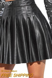 Women Solid Color Pleated Skirt, High Waist PU Leather Short Skirt for Clubs/ Parties, Black/ Wine