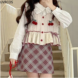 2023 New Kawaii Knitted Sweater Vest Women Patchwork Cherry Bow Sweet Pullover Japanse Style Lolita Sleeveless Waistcoat-Outfit