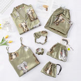 Spring 7 Pieces Set Silk Elegant Women Pajamas stripe Shorts Long Sleeve Tops Elastic Waist Pants Full Lounge