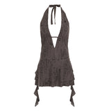 Fongt Wasteland Terrefty Hanging Neck Irregular Strapped Ribbon Dress Hottie Deep V-Leader Old Short Dress
