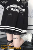 Y2K Black Stripe Oversized Hoodies Women Harajuku Grunge Letter Print Sweatshirts V-neck Loose Casual Tops Gothic