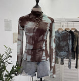 Real Shooting Denim Pattern Dye Printing Retro Babes Thin Mesh T-Shirt High-Necked Long Sleeve Bottom Shirt Top