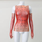 Mesh Letter Print Sleeveless Top With Gloves-Outfit