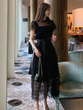 Fashion Designer Dress Summer Women's Dress Stand Collar Short sleeve Mesh lace-up Black Party