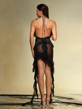 Black Mesh Fringe Ruffle Open Back Midi Dress-Outfit