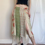 Fongt Retro Wind Fabric Patchwork Split Skirt Low Waist Flounce Irregular Place Long Skirt-Outfit
