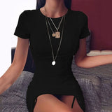 Ruched Pleated Bodycon Dress Women Drawstring Short Sleeve Mini Party Dress Solid Basic Skinny Casual Dress