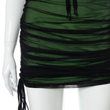 Women Sexy Black Mesh Patchwork Bodycon Mini Dress Spaghetti Strap Cut Out Green Dress Lace Up Ruched Slim UK Robe 2021