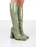 Square Toe Chunky Heel Bright Leather Boots-Outfit