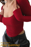 Women Long Sleeve Pullover T-shirt Casual Solid Color Square Neck Crop Tops Streetwear Clubwear Womens