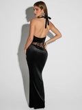 Black Cut Out Halter Velvet Maxi Dress-Outfit
