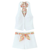 Fongt Women's Explosive Print Thin Scarf Ornament Hanging Neck Top High Waist Shorts Set