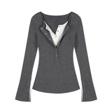 Solid Color Fake Two Pieces Long Sleeve Tee-Outfit