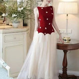 2025 Summer New Splicing Dress Femininity Elegant Three-Dimensional Flowers Sleeveless High-Waisted Long Dress