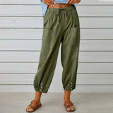 Loose High Waist Button Cotton And Linen Trousers Cropped