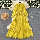 Fongt High-End Retro Collar Single Buckle Lantern Sleeve Dress Women's Hollow Lace To Receive Long Waist Skirt